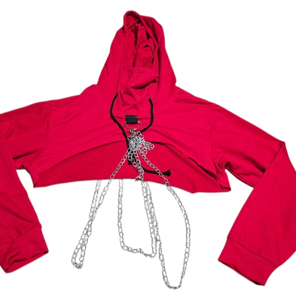 Red Cropped Hoodie with Chain Detail - Picture 3 of 5